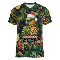 Meri Kirihimete Kakapo Women V-Neck T-Shirt New Zealand Christmas with Tropical Vibe LT9 Female Green - Polynesian Pride