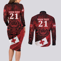 Custom Tonga XIII Rugby Tribal Tattoo Couples Matching Long Sleeve Bodycon Dress and Long Sleeve Button Shirt Mate Ma'a Tonga Kupesi Ngatu Grunge Style