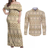 Pasifika Sataoa Pattern Simple Motif Couples Matching Off Shoulder Maxi Dress and Long Sleeve Button Shirt Beige Tan LT9 Beige Tan - Polynesian Pride