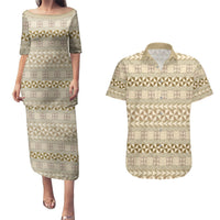 Pasifika Sataoa Pattern Simple Motif Couples Matching Puletasi and Hawaiian Shirt Beige Tan LT9 Beige Tan - Polynesian Pride