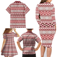 Pasifika Sataoa Pattern Simple Motif Family Matching Long Sleeve Bodycon Dress and Hawaiian Shirt Cherry LT9 - Polynesian Pride