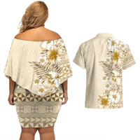 Pasifika Sataoa Pattern Plumeria Vintage Couples Matching Off Shoulder Short Dress and Hawaiian Shirt Beige Tan LT9 - Polynesian Pride