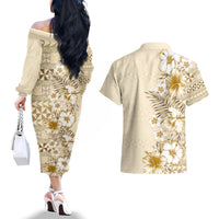Pasifika Sataoa Pattern Plumeria Vintage Couples Matching Off The Shoulder Long Sleeve Dress and Hawaiian Shirt Beige Tan LT9 - Polynesian Pride