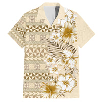 Pasifika Sataoa Pattern Plumeria Vintage Family Matching Tank Maxi Dress and Hawaiian Shirt Beige Tan LT9 Dad's Shirt - Short Sleeve Beige Tan - Polynesian Pride