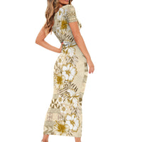 Pasifika Sataoa Pattern Plumeria Vintage Short Sleeve Bodycon Dress Beige Tan LT9 - Polynesian Pride