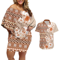 Pasifika Sataoa Pattern Plumeria Vintage Couples Matching Off Shoulder Short Dress and Hawaiian Shirt Brown Beige Tan LT9 Brown - Polynesian Pride