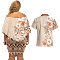 Pasifika Sataoa Pattern Plumeria Vintage Couples Matching Off Shoulder Short Dress and Hawaiian Shirt Brown Beige Tan LT9 - Polynesian Pride