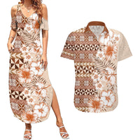 Pasifika Sataoa Pattern Plumeria Vintage Couples Matching Summer Maxi Dress and Hawaiian Shirt Brown Beige Tan LT9 Brown - Polynesian Pride