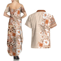 Pasifika Sataoa Pattern Plumeria Vintage Couples Matching Summer Maxi Dress and Hawaiian Shirt Brown Beige Tan LT9 - Polynesian Pride