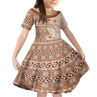 Pasifika Sataoa Pattern Plumeria Vintage Family Matching Short Sleeve Bodycon Dress and Hawaiian Shirt Brown Beige Tan LT9 Daughter's Dress Brown - Polynesian Pride