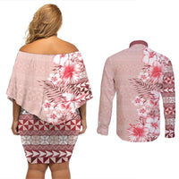 Pasifika Sataoa Pattern Plumeria Vintage Couples Matching Off Shoulder Short Dress and Long Sleeve Button Shirt Cherry LT9 - Polynesian Pride