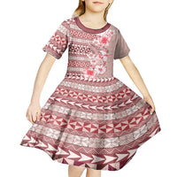 Pasifika Sataoa Pattern Plumeria Vintage Kid Short Sleeve Dress Cherry LT9 - Polynesian Pride