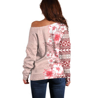 Pasifika Sataoa Pattern Plumeria Vintage Off Shoulder Sweater Cherry LT9 - Polynesian Pride