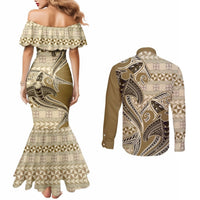 Vintage Hammerhead Shark Valentine Day Couples Matching Mermaid Dress and Long Sleeve Button Shirt Pasifika Sataoa Pattern - Beige Tan LT9 - Polynesian Pride
