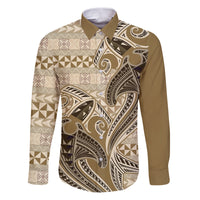 Vintage Hammerhead Shark Valentine Day Family Matching Puletasi and Hawaiian Shirt Pasifika Sataoa Pattern - Beige Tan LT9 Dad's Shirt - Long Sleeve Beige Tan - Polynesian Pride