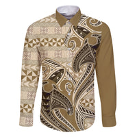 Vintage Hammerhead Shark Valentine Day Family Matching Summer Maxi Dress and Hawaiian Shirt Pasifika Sataoa Pattern - Beige Tan LT9 Dad's Shirt - Long Sleeve Beige Tan - Polynesian Pride