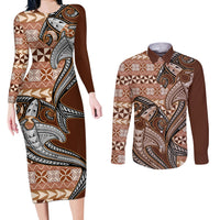 Vintage Hammerhead Shark Valentine Day Couples Matching Long Sleeve Bodycon Dress and Long Sleeve Button Shirt Pasifika Sataoa Pattern - Brown Beige Tan LT9 Brown - Polynesian Pride