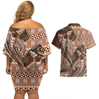 Vintage Hammerhead Shark Valentine Day Couples Matching Off Shoulder Short Dress and Hawaiian Shirt Pasifika Sataoa Pattern - Brown Beige Tan LT9 - Polynesian Pride