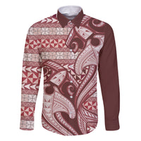 Vintage Hammerhead Shark Valentine Day Family Matching Summer Maxi Dress and Hawaiian Shirt Pasifika Sataoa Pattern - Cherry LT9 Dad's Shirt - Long Sleeve Cherry - Polynesian Pride