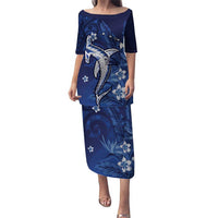 Personalized Hawaiian Maori Hammerhead Shark Family Matching Puletasi and Hawaiian Shirt Polu Plumeria LT9 Mom's Dress Blue - Polynesian Pride