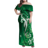 Personalized Hawaiian Maori Hammerhead Shark Family Matching Off Shoulder Maxi Dress and Hawaiian Shirt Omaomao Plumeria LT9 Mom's Dress Green - Polynesian Pride