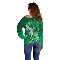 Personalized Hawaiian Maori Hammerhead Shark Off Shoulder Sweater Omaomao Plumeria - Polynesian Pride