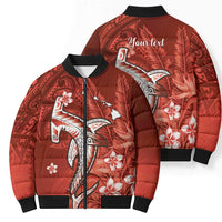 Personalized Hawaiian Maori Hammerhead Shark Bomber Puffer Jacket Ulaula Plumeria - Polynesian Pride