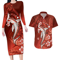 Personalized Hawaiian Maori Hammerhead Shark Couples Matching Long Sleeve Bodycon Dress and Hawaiian Shirt Ulaula Plumeria LT9 Red - Polynesian Pride