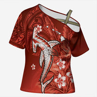Personalized Hawaiian Maori Hammerhead Shark Cross Shoulder Shirt Ulaula Plumeria - Polynesian Pride