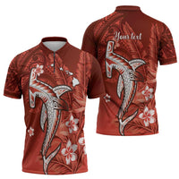 Personalized Hawaiian Maori Hammerhead Shark Zipper Polo Shirt Ulaula Plumeria - Polynesian Pride