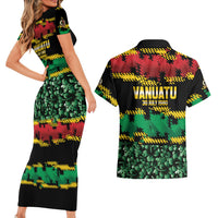 Vanuatu 46th Year Anniversary Couples Matching Short Sleeve Bodycon Dress and Hawaiian Shirt 30 July 1980 Hibiscus Seamless Pattern