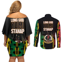 Vanuatu 46th Year Anniversary Couples Matching Off Shoulder Short Dress and Long Sleeve Button Shirt Tamtam Slit Drums Long God Yumi Stanap