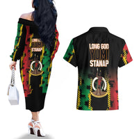 Vanuatu 46th Year Anniversary Couples Matching Off The Shoulder Long Sleeve Dress and Hawaiian Shirt Tamtam Slit Drums Long God Yumi Stanap LT9 - Polynesian Pride