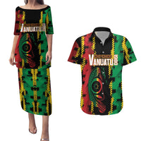 Vanuatu 46th Year Anniversary Couples Matching Puletasi and Hawaiian Shirt Tamtam Slit Drums Long God Yumi Stanap