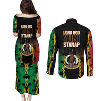 Vanuatu 46th Year Anniversary Couples Matching Puletasi and Long Sleeve Button Shirt Tamtam Slit Drums Long God Yumi Stanap