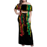 Vanuatu 46th Year Anniversary Family Matching Off Shoulder Maxi Dress and Hawaiian Shirt Tamtam Slit Drums Long God Yumi Stanap LT9 Mom's Dress Black - Polynesian Pride