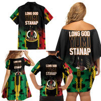 Vanuatu 46th Year Anniversary Family Matching Off Shoulder Short Dress and Hawaiian Shirt Tamtam Slit Drums Long God Yumi Stanap LT9 - Polynesian Pride