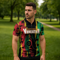 Vanuatu 46th Year Anniversary Zipper Polo Shirt Tamtam Slit Drums Long God Yumi Stanap