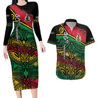 Vanuatu 46th Year Anniversary Couples Matching Long Sleeve Bodycon Dress and Hawaiian Shirt Vintage Grunge Vanuatu Flag Heritage LT9 Black - Polynesian Pride