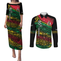 Vanuatu 46th Year Anniversary Couples Matching Puletasi and Long Sleeve Button Shirt Vintage Grunge Vanuatu Flag Heritage