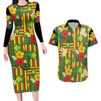 Hawaii Kanaka Maoli Hibiscus Couples Matching Long Sleeve Bodycon Dress and Hawaiian Shirt Hawaiian Flag Motif LT9 Green - Polynesian Pride
