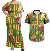Hawaii Kanaka Maoli Hibiscus Couples Matching Off Shoulder Maxi Dress and Hawaiian Shirt Hawaiian Flag Motif LT9 Green - Polynesian Pride