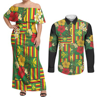 Hawaii Kanaka Maoli Hibiscus Couples Matching Off Shoulder Maxi Dress and Long Sleeve Button Shirt Hawaiian Flag Motif LT9 Green - Polynesian Pride