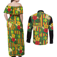 Hawaii Kanaka Maoli Hibiscus Couples Matching Off Shoulder Maxi Dress and Long Sleeve Button Shirt Hawaiian Flag Motif LT9 - Polynesian Pride