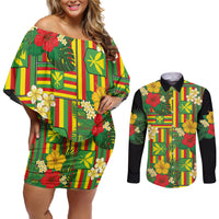 Hawaii Kanaka Maoli Hibiscus Couples Matching Off Shoulder Short Dress and Long Sleeve Button Shirt Hawaiian Flag Motif LT9 Green - Polynesian Pride
