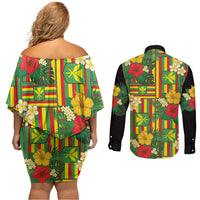 Hawaii Kanaka Maoli Hibiscus Couples Matching Off Shoulder Short Dress and Long Sleeve Button Shirt Hawaiian Flag Motif LT9 - Polynesian Pride