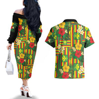 Hawaii Kanaka Maoli Hibiscus Couples Matching Off The Shoulder Long Sleeve Dress and Hawaiian Shirt Hawaiian Flag Motif LT9 - Polynesian Pride
