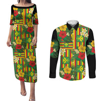 Hawaii Kanaka Maoli Hibiscus Couples Matching Puletasi and Long Sleeve Button Shirt Hawaiian Flag Motif LT9 Green - Polynesian Pride
