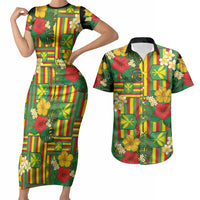 Hawaii Kanaka Maoli Hibiscus Couples Matching Short Sleeve Bodycon Dress and Hawaiian Shirt Hawaiian Flag Motif LT9 Green - Polynesian Pride