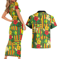 Hawaii Kanaka Maoli Hibiscus Couples Matching Short Sleeve Bodycon Dress and Hawaiian Shirt Hawaiian Flag Motif LT9 - Polynesian Pride